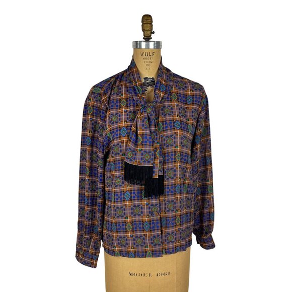 Vintage 80s Southwestern Top Womens M Blue Brown Fringe Necktie Blouse - Picture 2 of 10